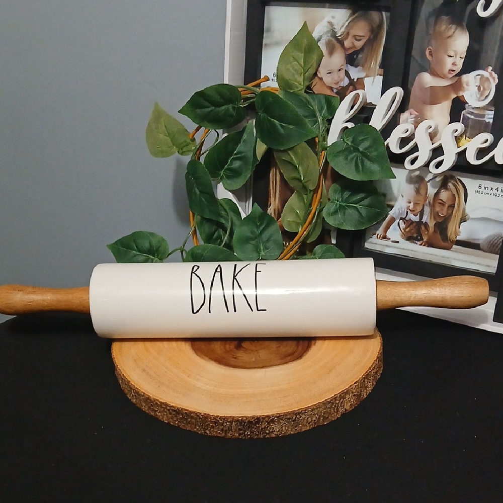 Rae Dunn White Ceramic Rolling Pin with Wooden Handles